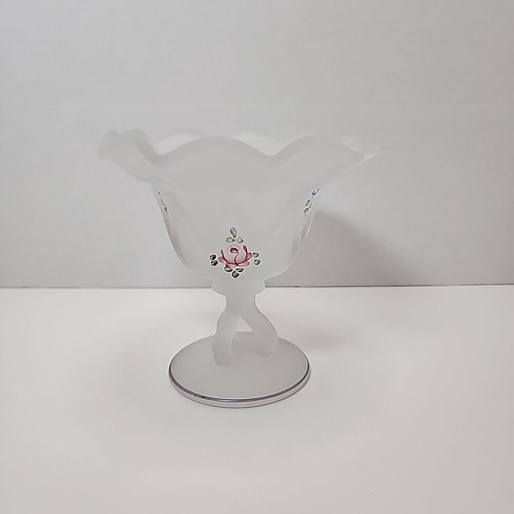 Vtg Westmoreland Clear Satin Glass Hand Painted Tri-Stem Compote Candy Dish 5"